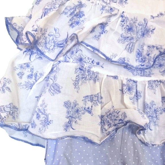 VITAMINS KIDS White and Light Blue Ruffle Romper with Floral/Small Town Patter - Picture 6 of 6